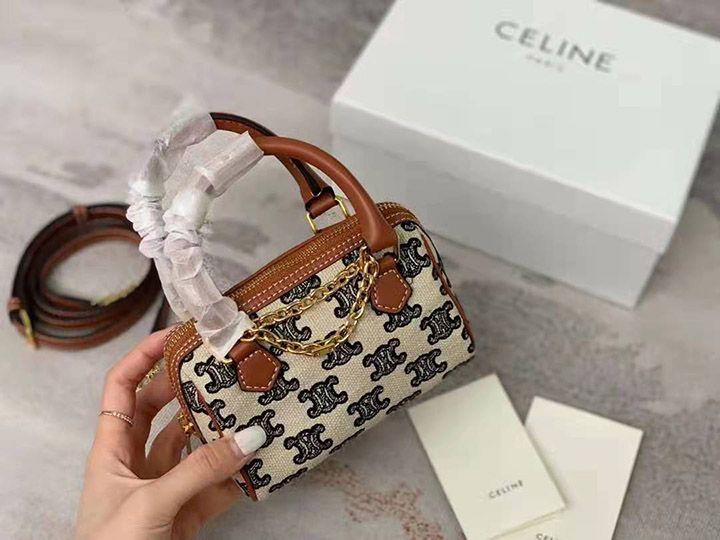 celine ブランド 新作 セリーヌ ミニ刺繍ボストン レザー：14×15×9cm