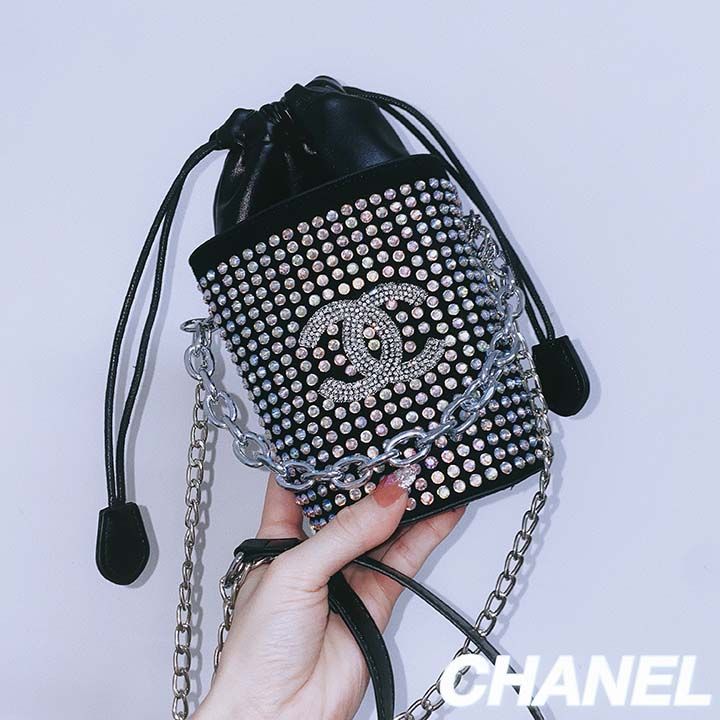 CHANELシャネル ラインストーン シュリンク バケット バッグ レザー：12×16×11.5cm